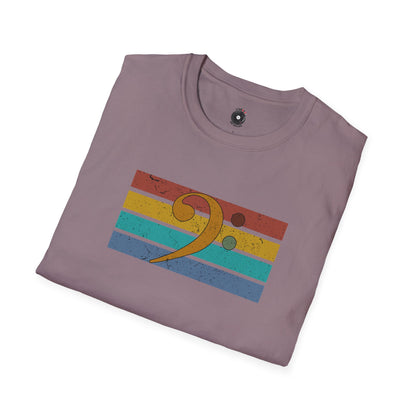 Multi-colored Bass clef on a retro-sunset graphic.