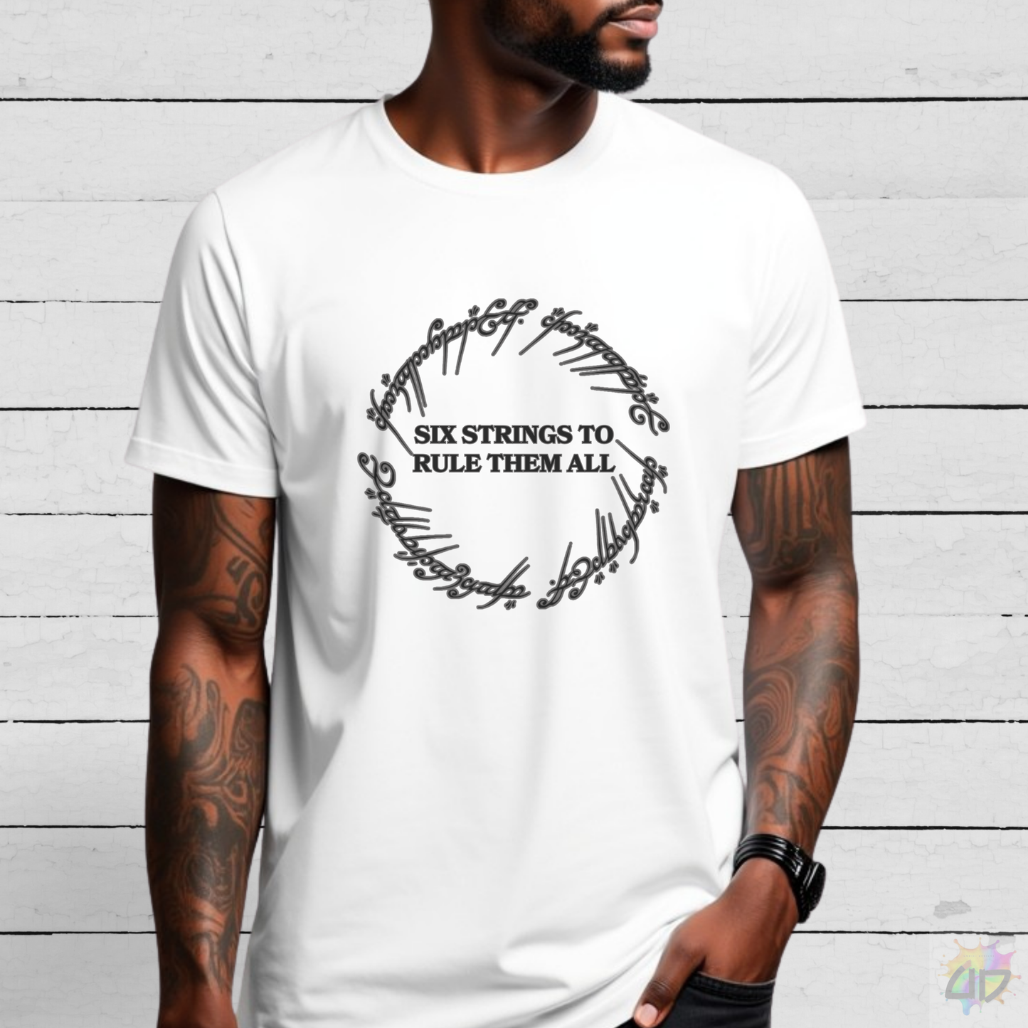 "Six Strings To Rule Them All" in Circular Graphic Tee.