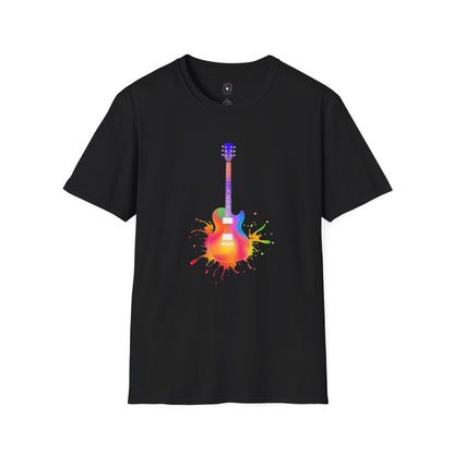 Colorful LP style electric guitar in a vibrant splash graphic.