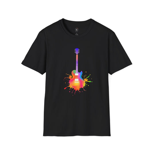 Colorful LP style electric guitar in a vibrant splash graphic.