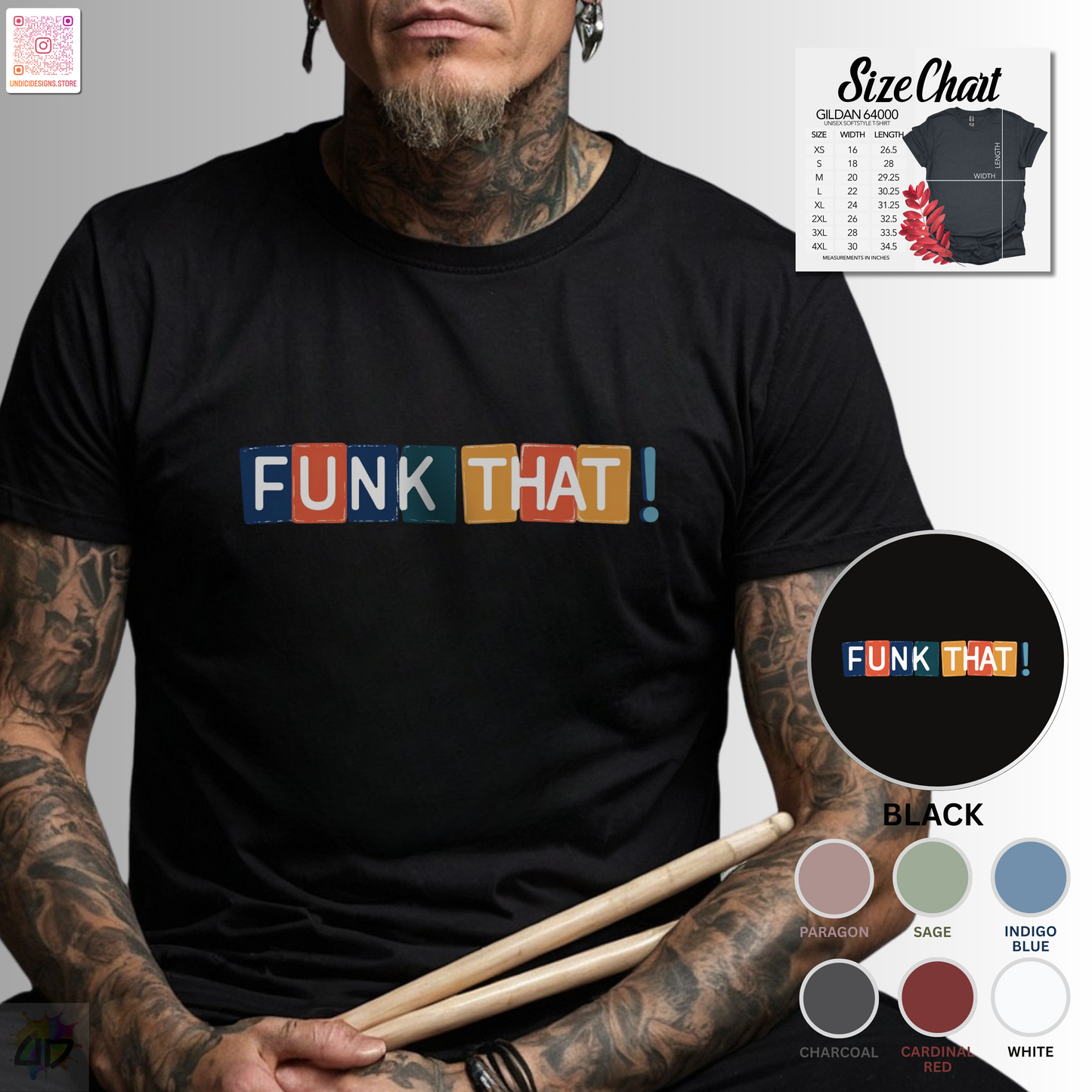 "Funk that!" in one line with colorful highlights graphic text tee.