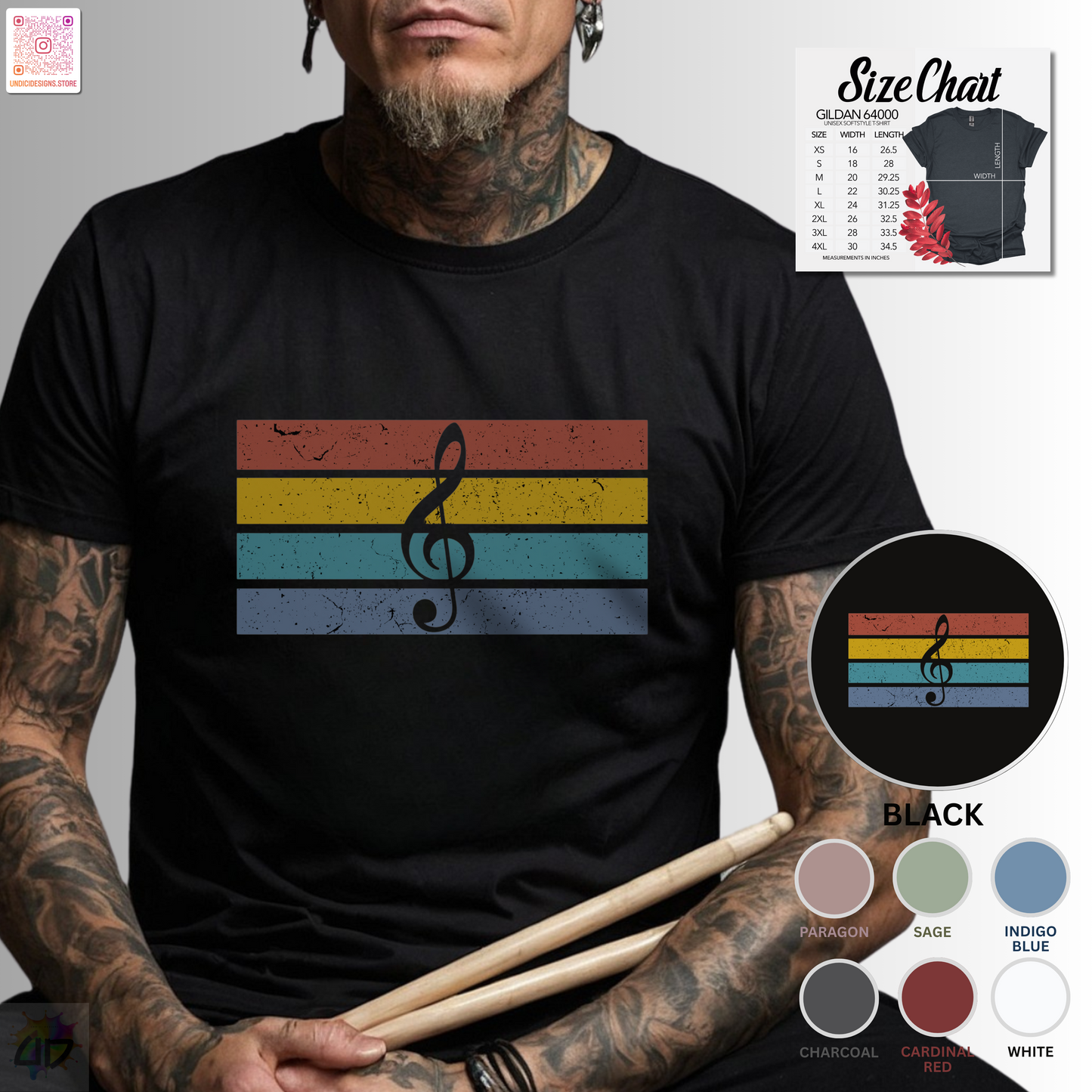 Treble clef on retro sunset graphic tee.