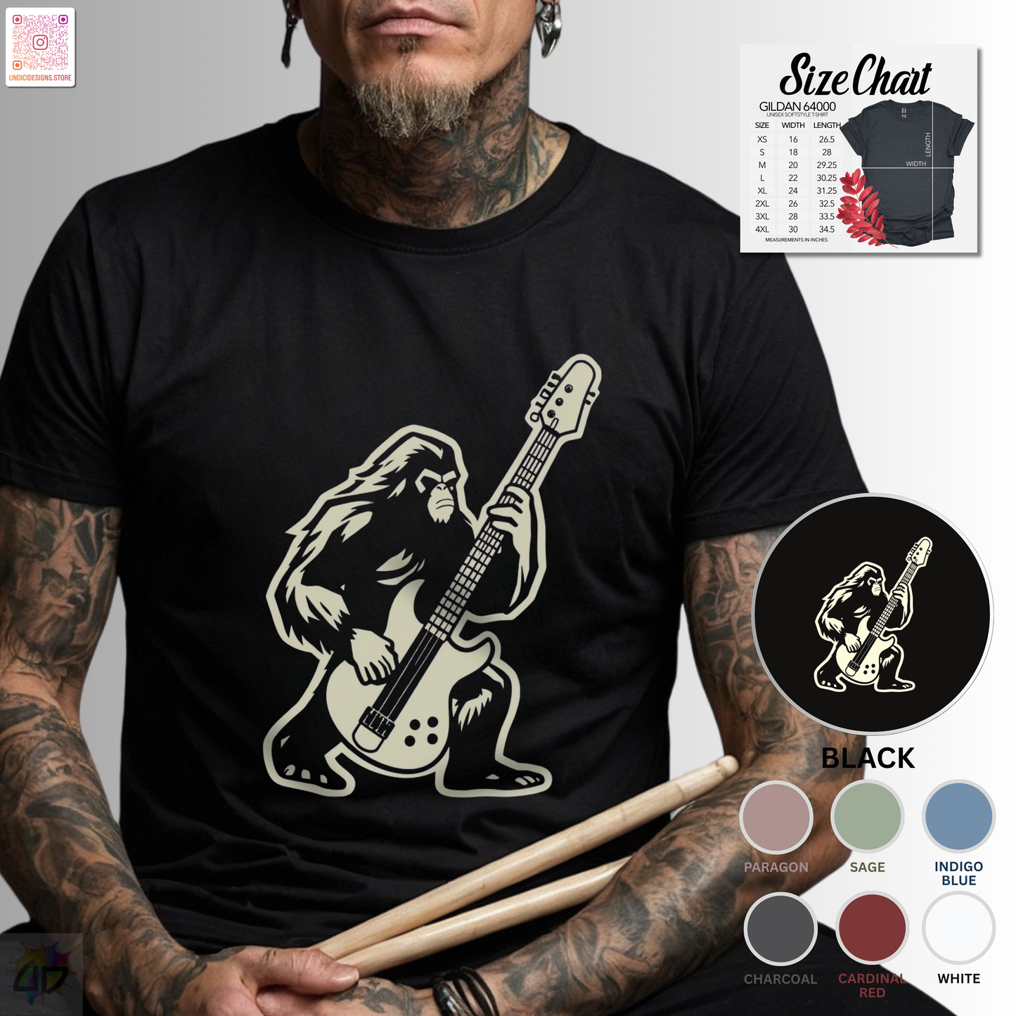 Bass-squatch silhouette in a cream-colored graphic tee.