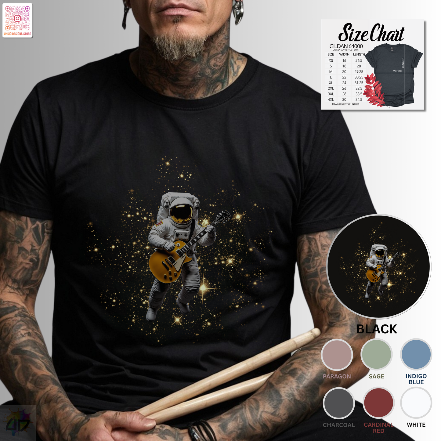Astronaut in space playing guitar graphic tee.