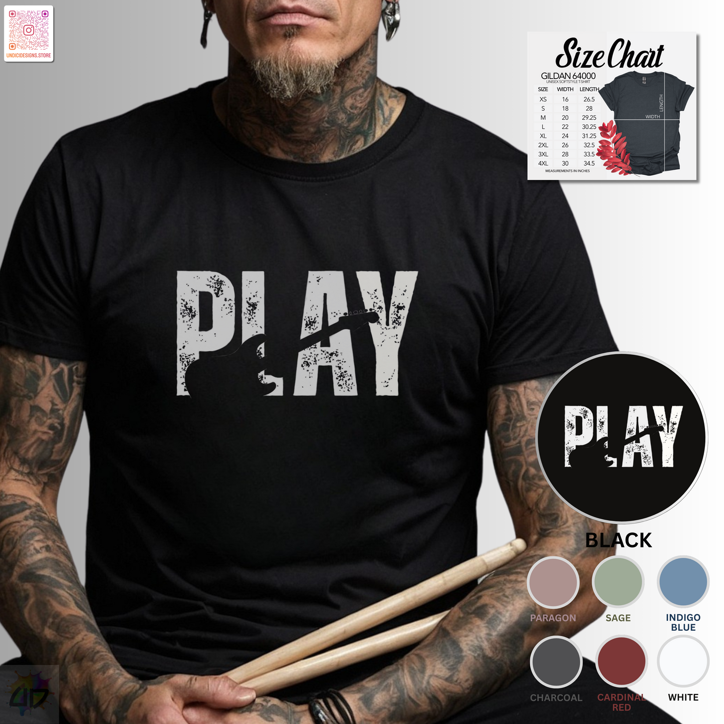 "Play" grunge graphic with guitar silhouette graphic tee.