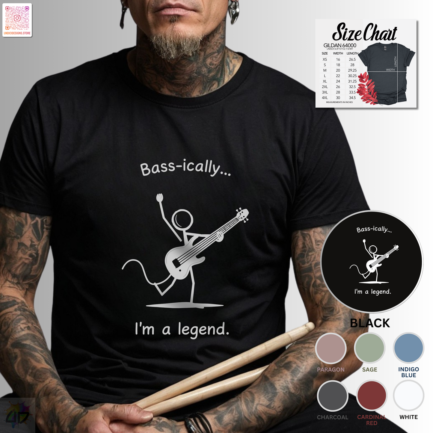 "Bass-ically, I'm a legend" Stick figure graphic tee.