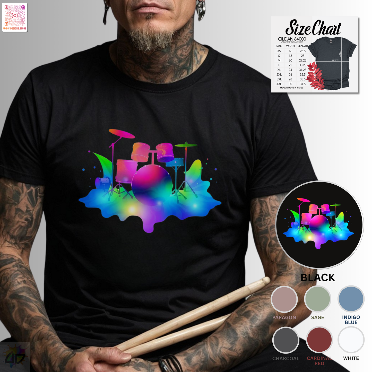 Colorful drum set in a vibrant splash graphic tee.