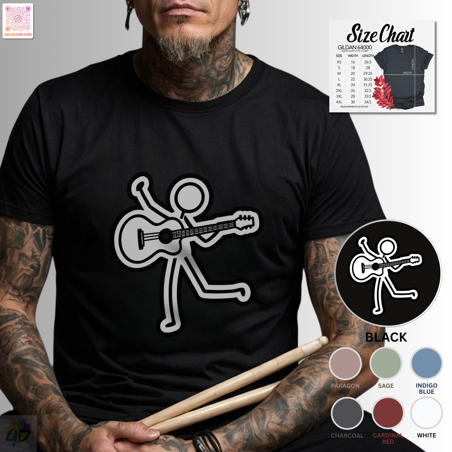 Joe Stick playing an acoustic guitar graphic tee.