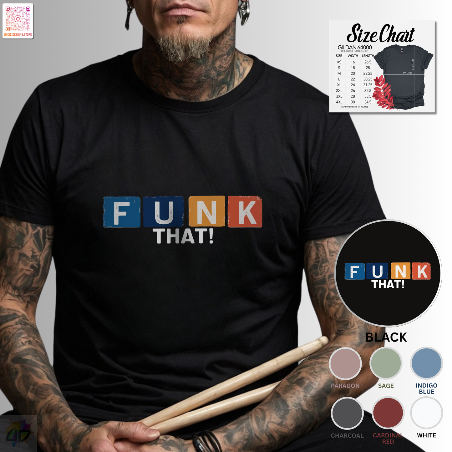 "Funk That!" in colorful highlights graphic text tee.