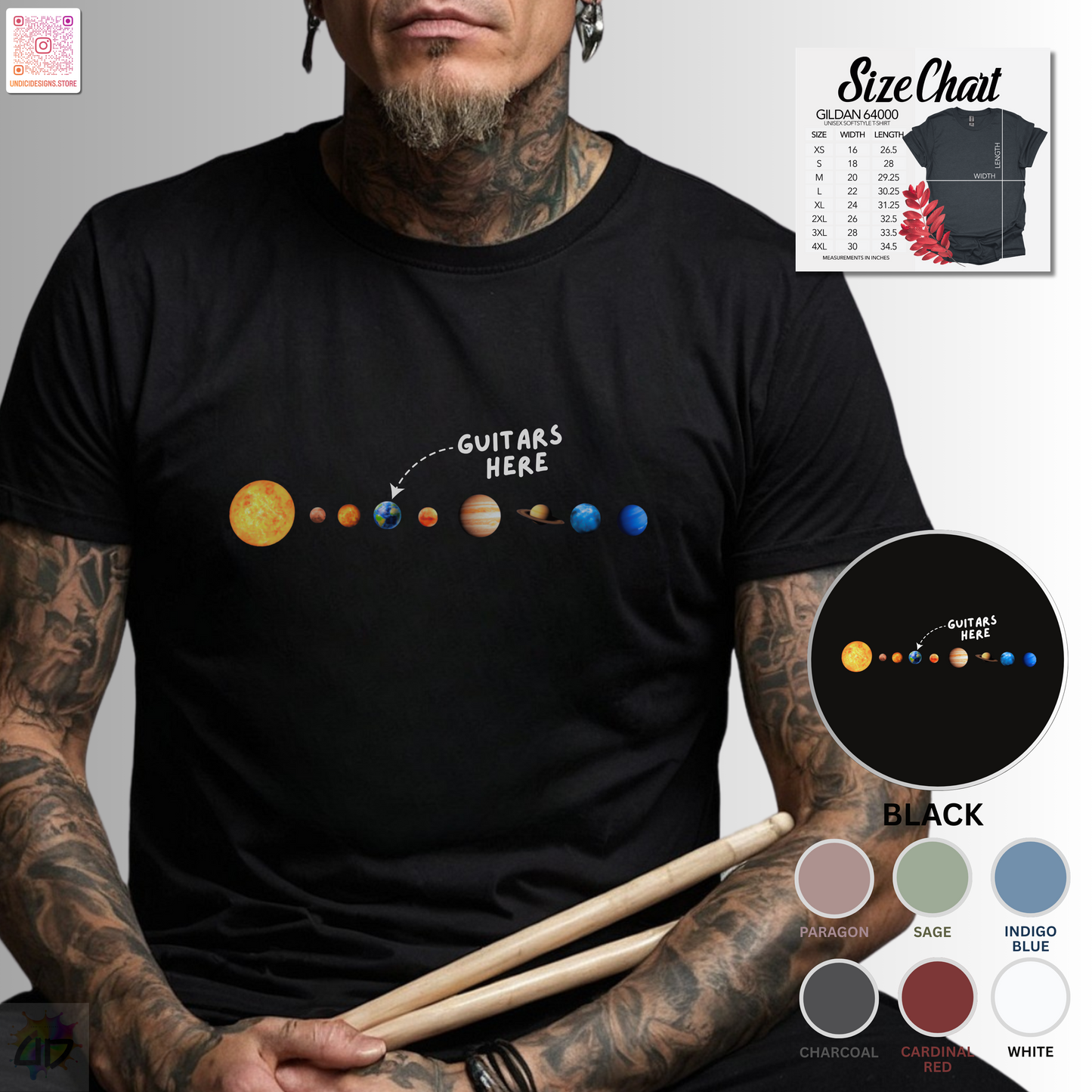 "Guitars Here" vertical solar system graphic tee.