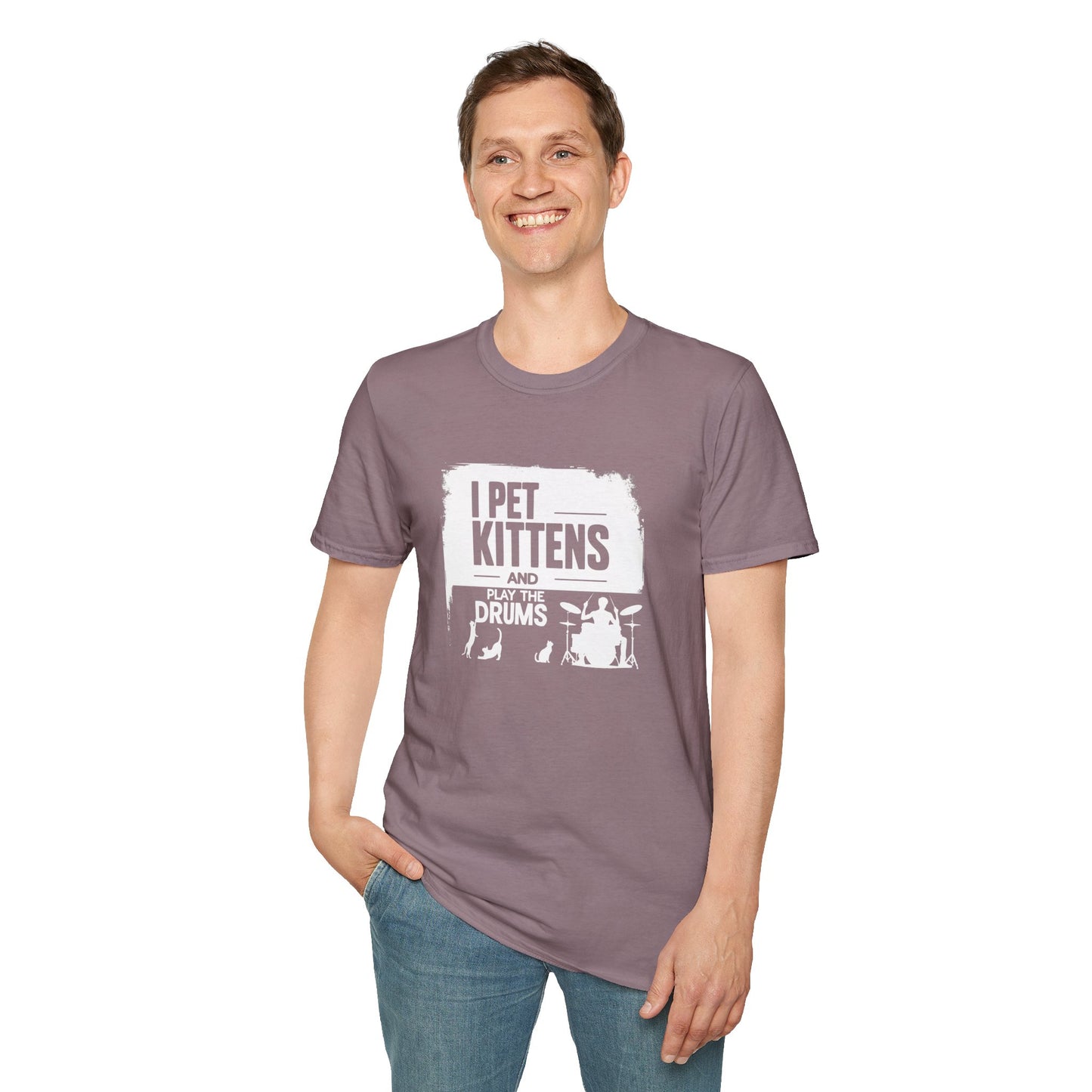 "I pet kittens and play the drums" in highlight graphic tee.