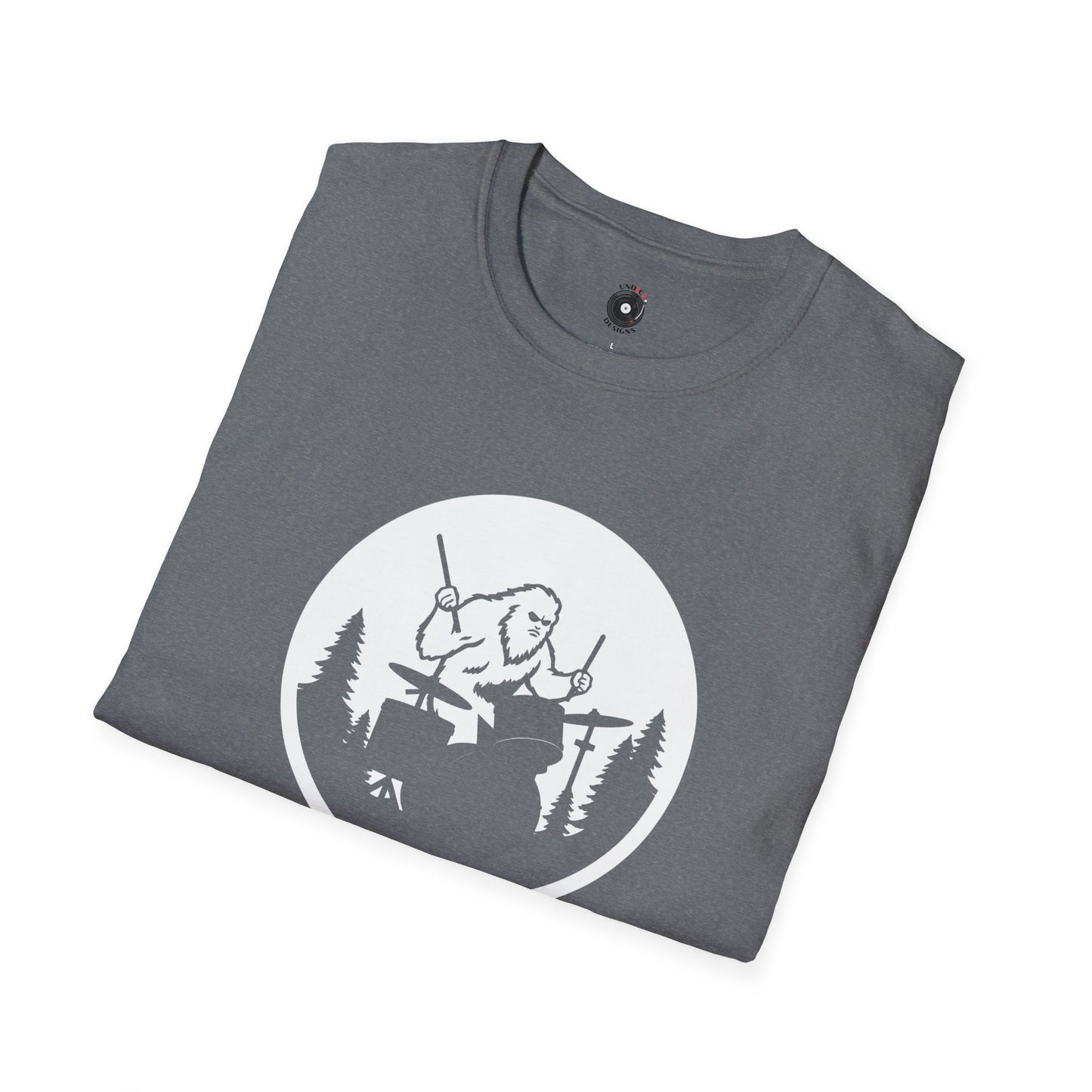 Big foot silhouette playing drums graphic.