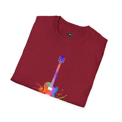 Colorful LP style electric guitar in a vibrant splash graphic.