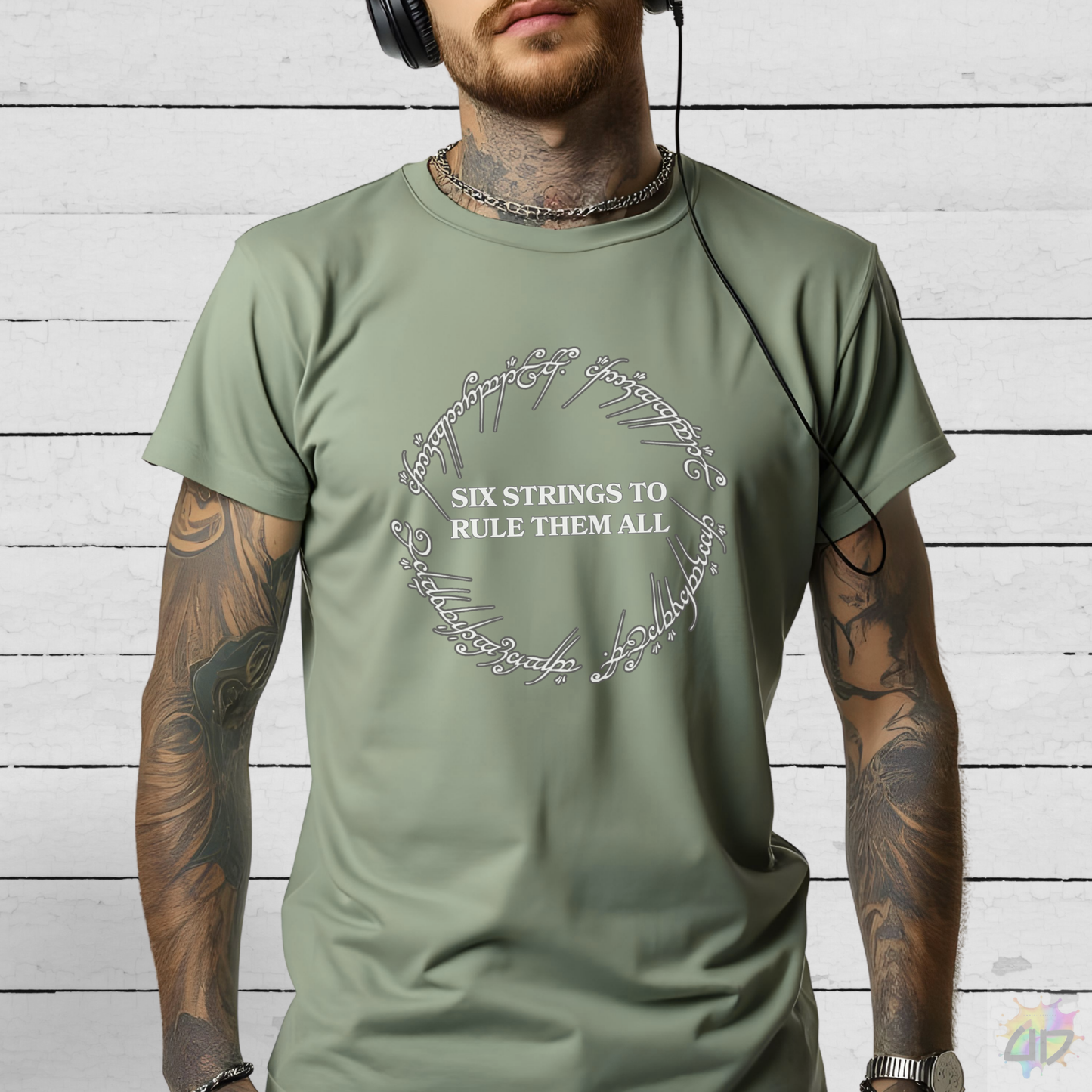 "Six Strings To Rule Them All" in Circular Graphic Tee.