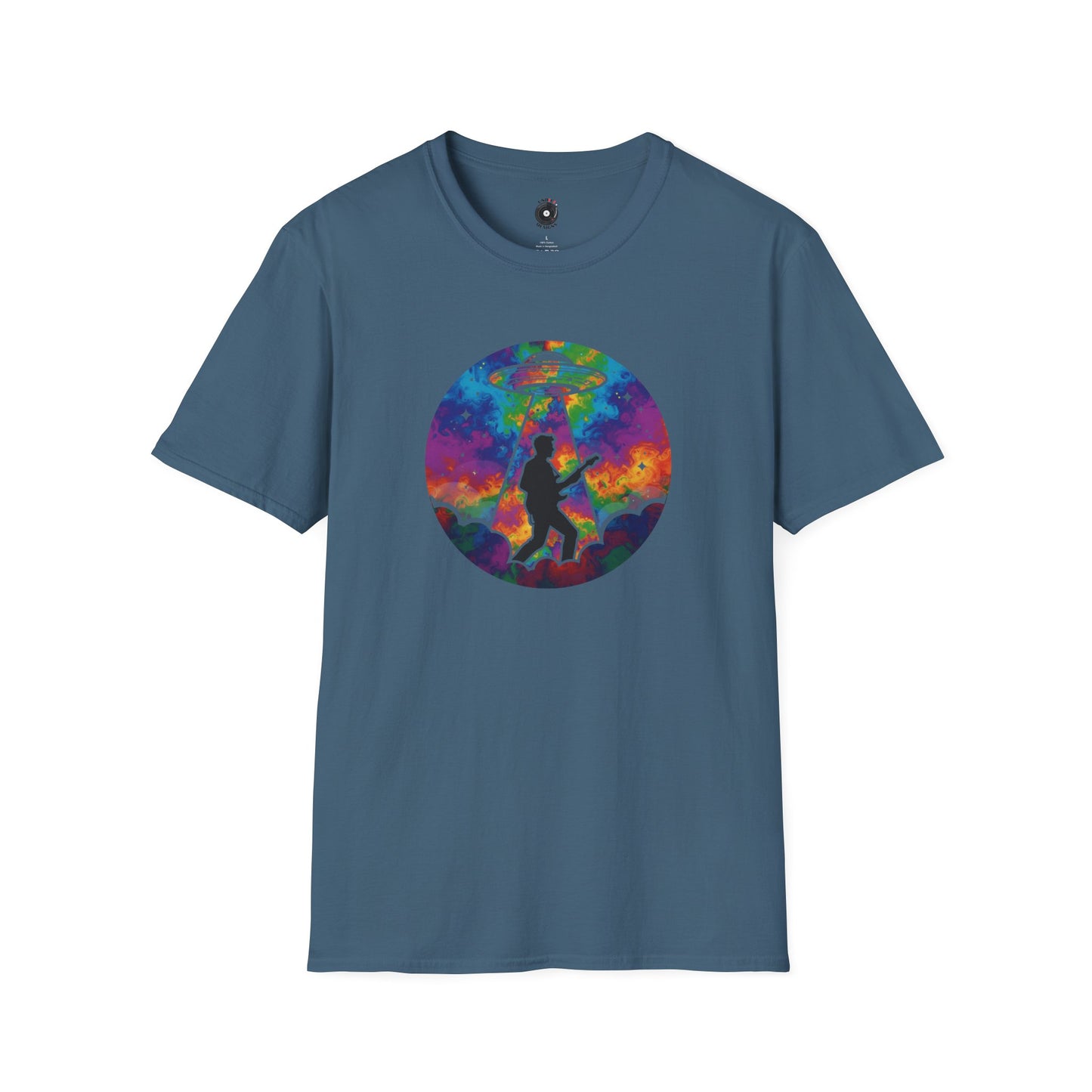Guitarist Being Abducted in a Colorful Psychedelic Beam Graphic Tee.