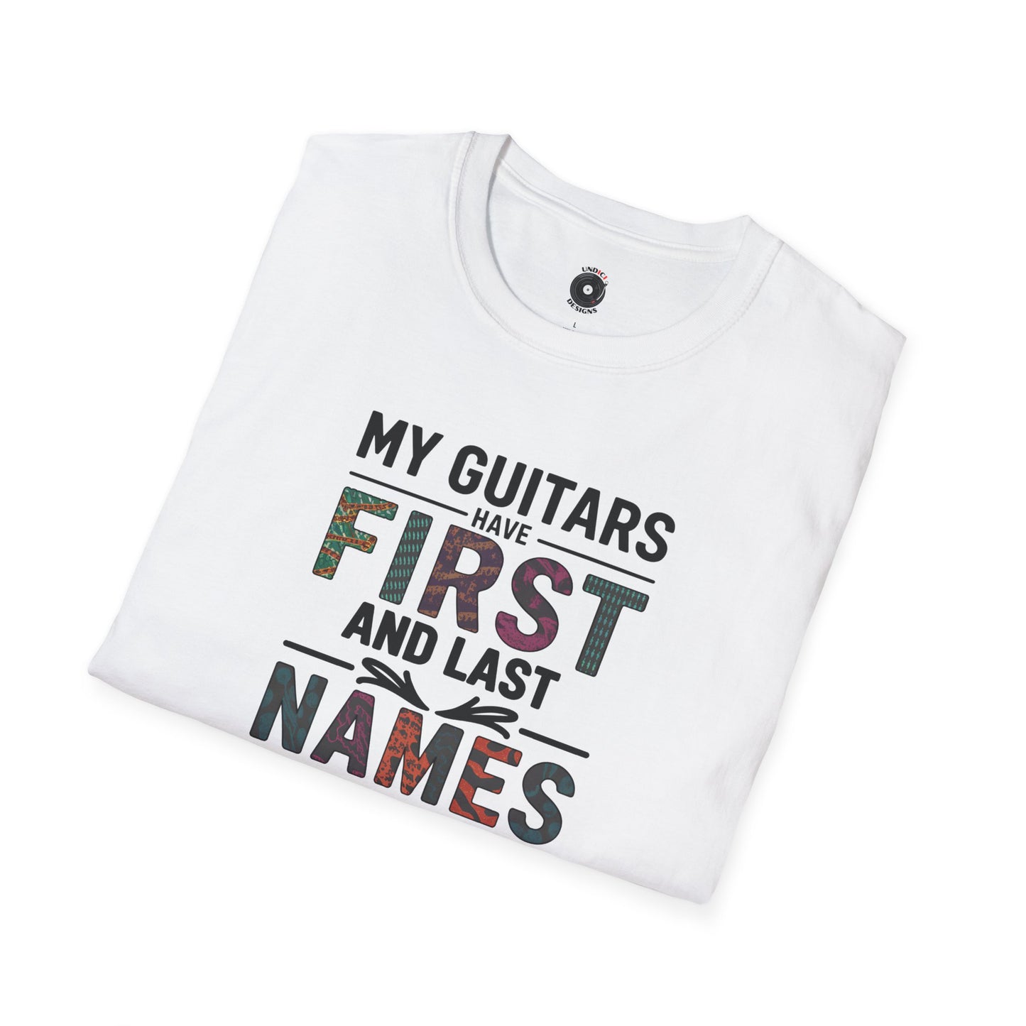 "My guitars have first and last names" colorful text graphic.