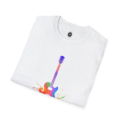 Colorful LP style electric guitar in a vibrant splash graphic.