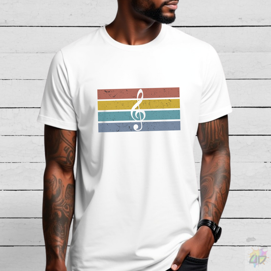 Treble Clef on Retro Sunset Graphic Tee.