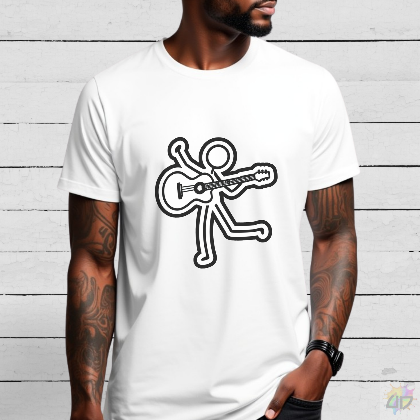 Joe Stick Playing an Acoustic Guitar Graphic Tee.