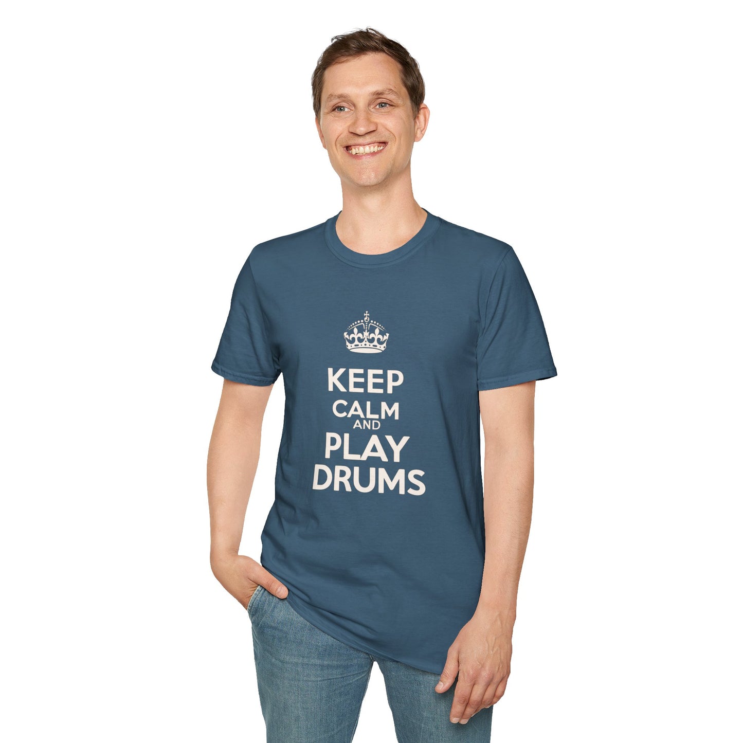 "Keep calm and play drums" text graphic tee.