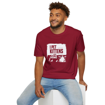 "I pet kittens and play the drums" in highlight graphic tee.