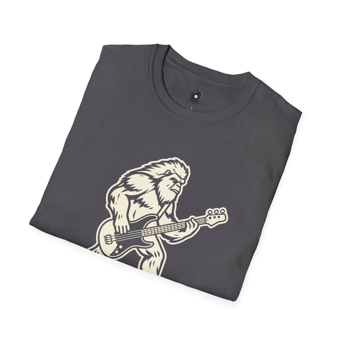 Yeti silhouette with Bass guitar in a cream-colored graphic.