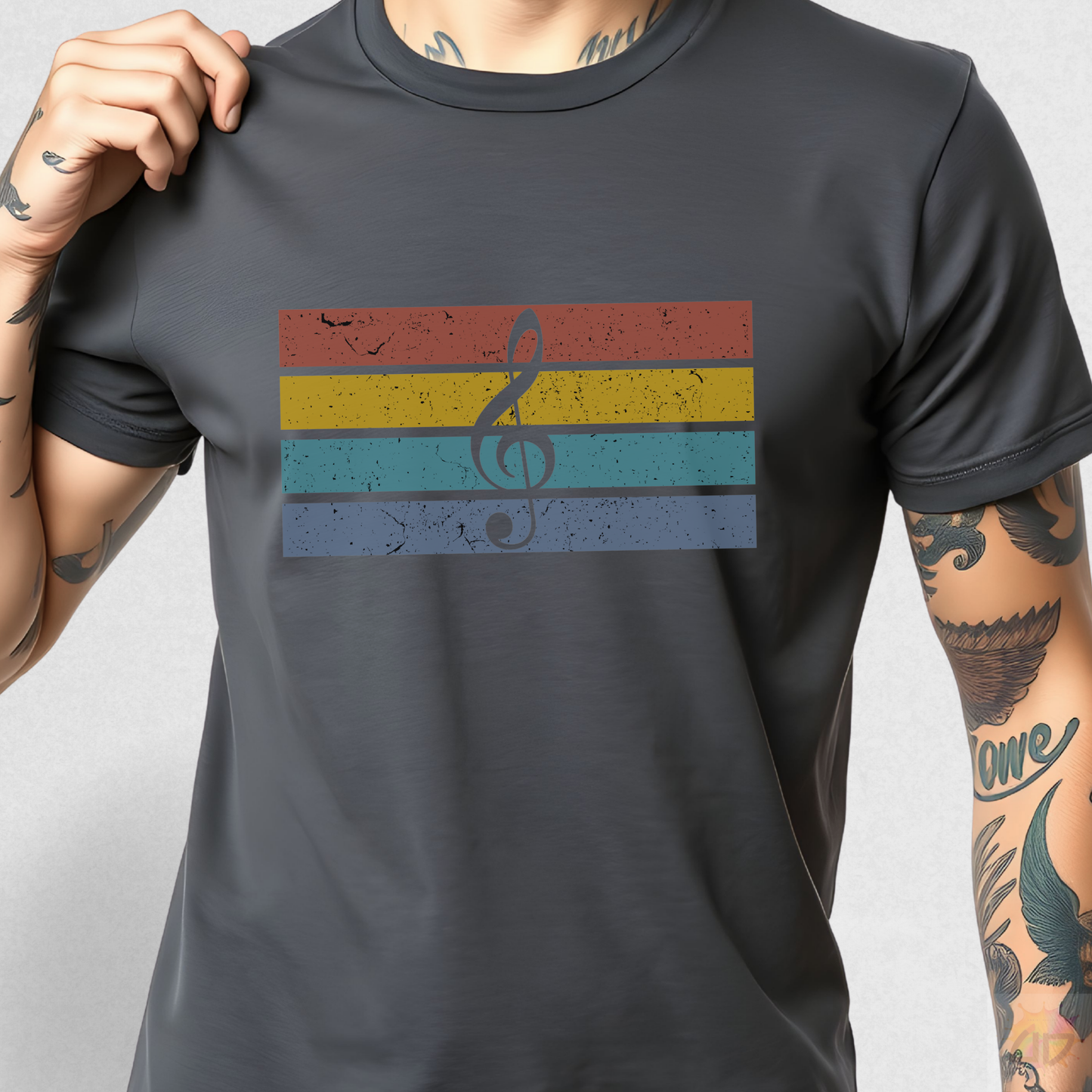 Treble Clef on Retro Sunset Graphic Tee.