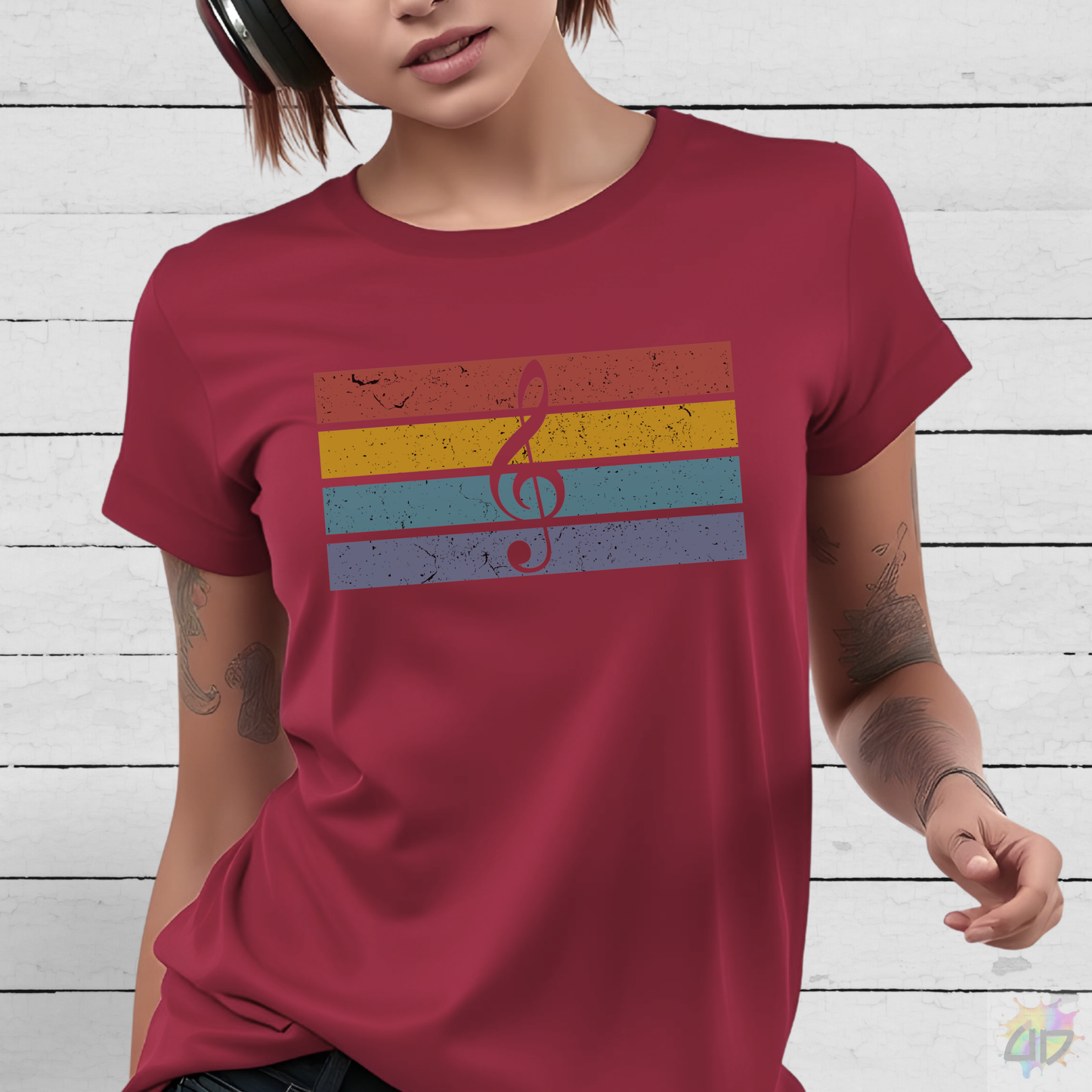 Treble Clef on Retro Sunset Graphic Tee.
