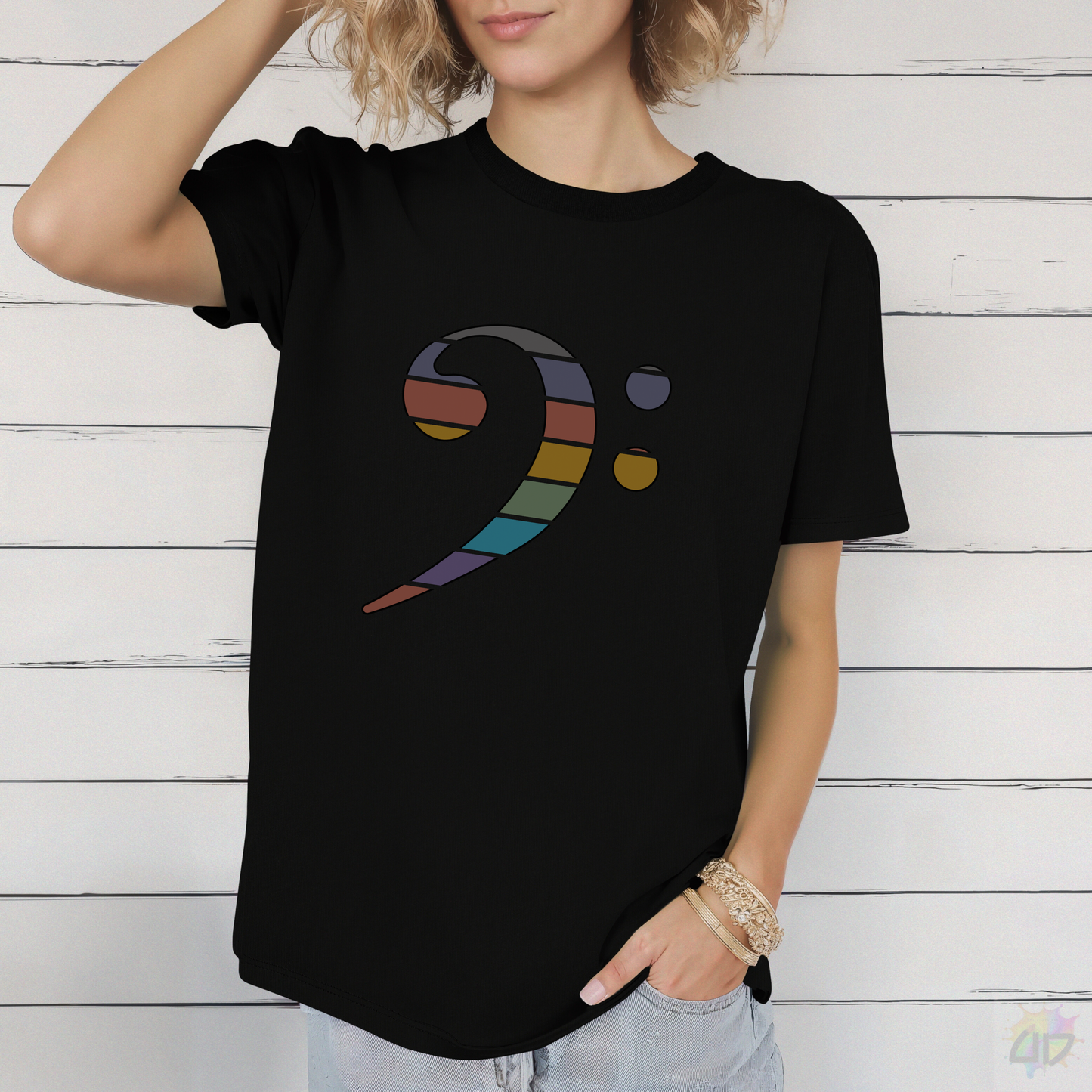 Retro Sunset-Colored Bass Clef Graphic Tee.
