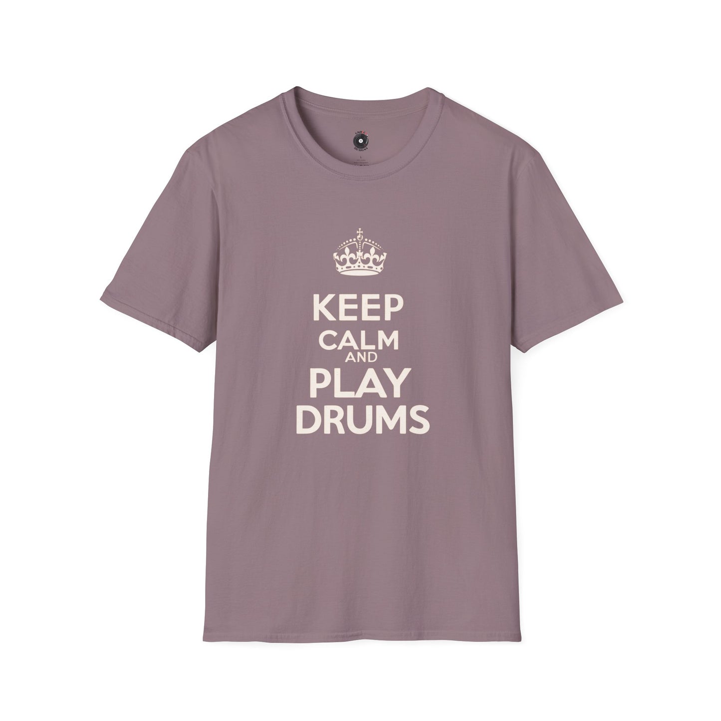 "Keep calm and play drums" text graphic tee.