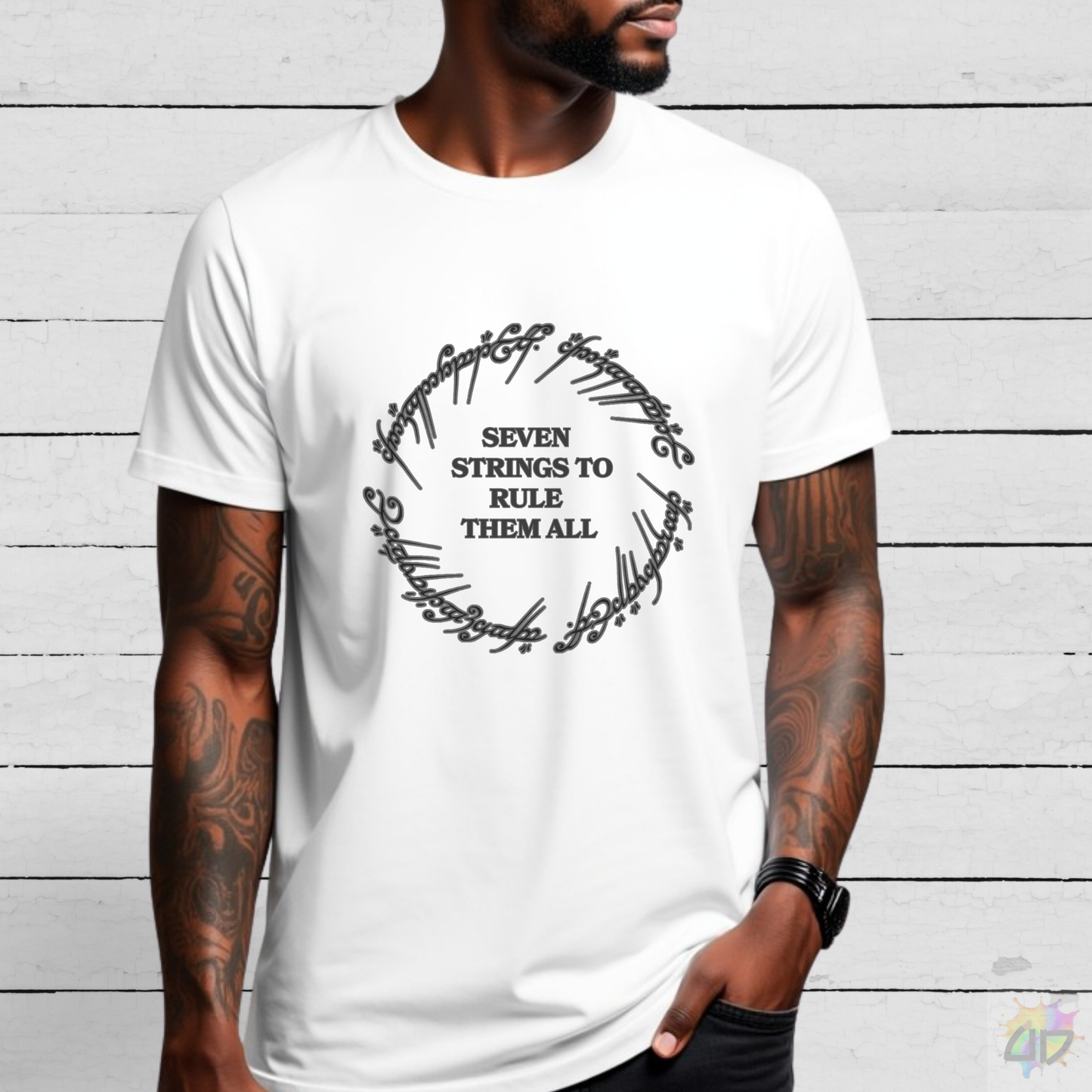 "Seven Strings To Rule Them All" in a Circular Graphic Tee.