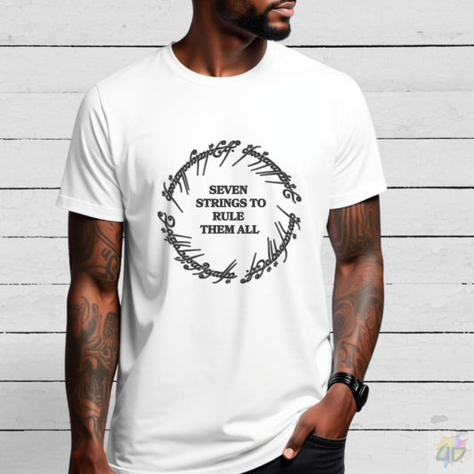 "Seven Strings To Rule Them All" in a Circular Graphic Tee.