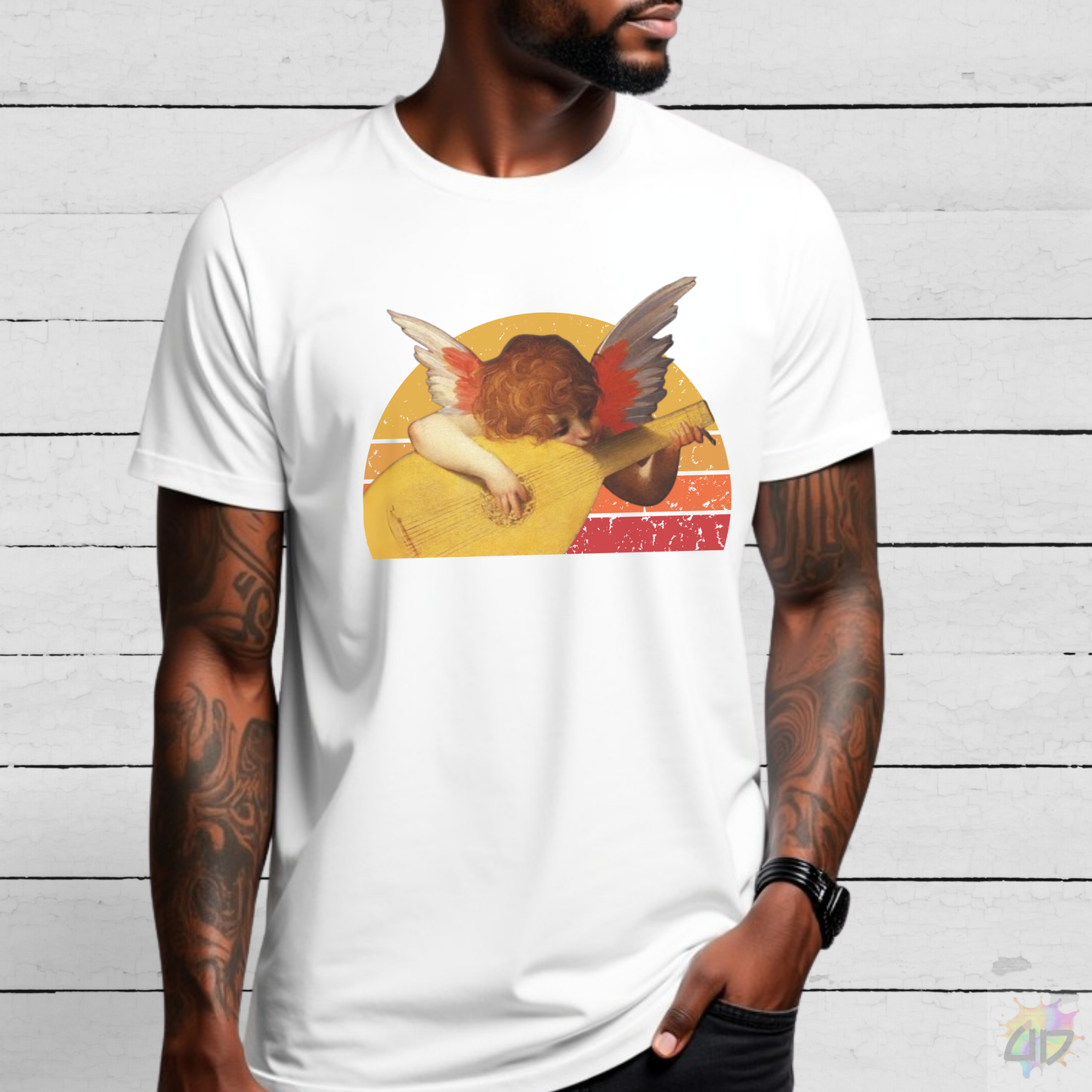 Cherub Playing Lyer in Circular Retro Sunset Graphic Tee.