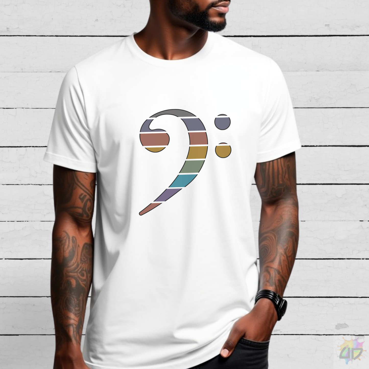 Retro Sunset-Colored Bass Clef Graphic Tee.