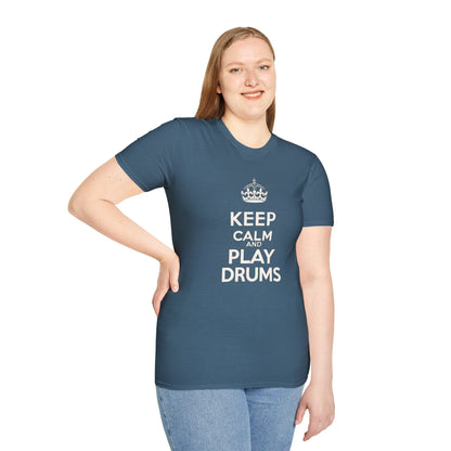 "Keep calm and play drums" text graphic tee.