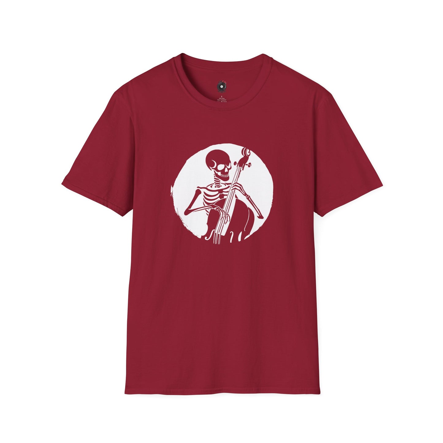 Skeleton Playing Upright Bass in a Circular Graphic Tee.