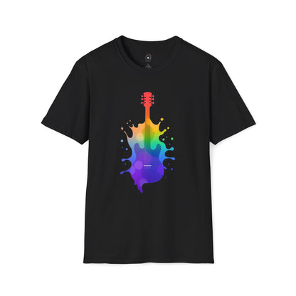 Colorful hollow body guitar in a vibrant splash graphic.