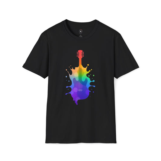 Colorful hollow body guitar in a vibrant splash graphic.