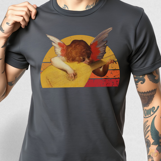 Cherub Playing Lyer in Circular Retro Sunset Graphic Tee.