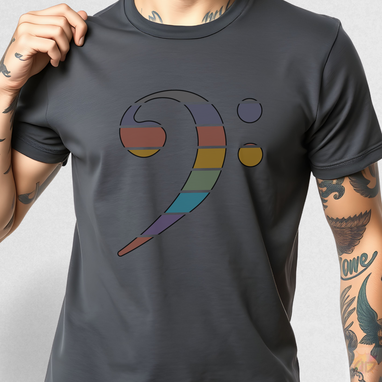 Retro Sunset-Colored Bass Clef Graphic Tee.