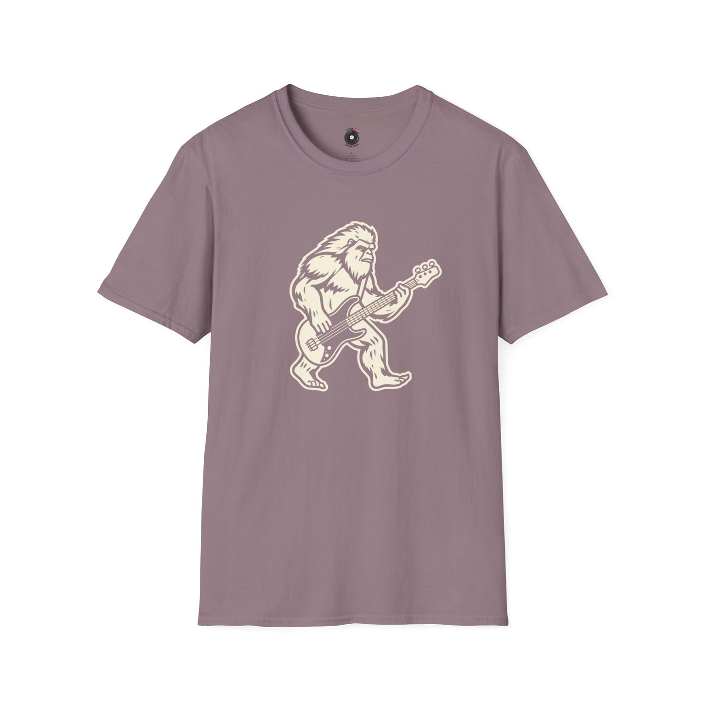 Yeti silhouette with Bass guitar in a cream-colored graphic.