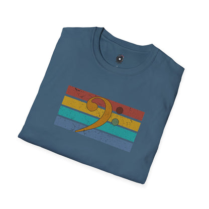 Multi-colored Bass clef on a retro-sunset graphic.