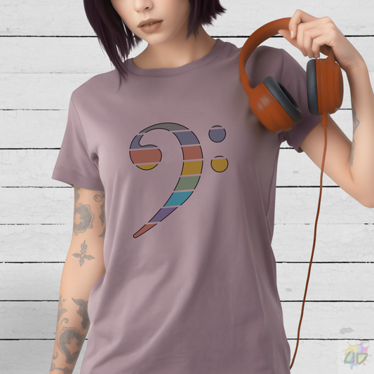 Retro Sunset-Colored Bass Clef Graphic Tee.