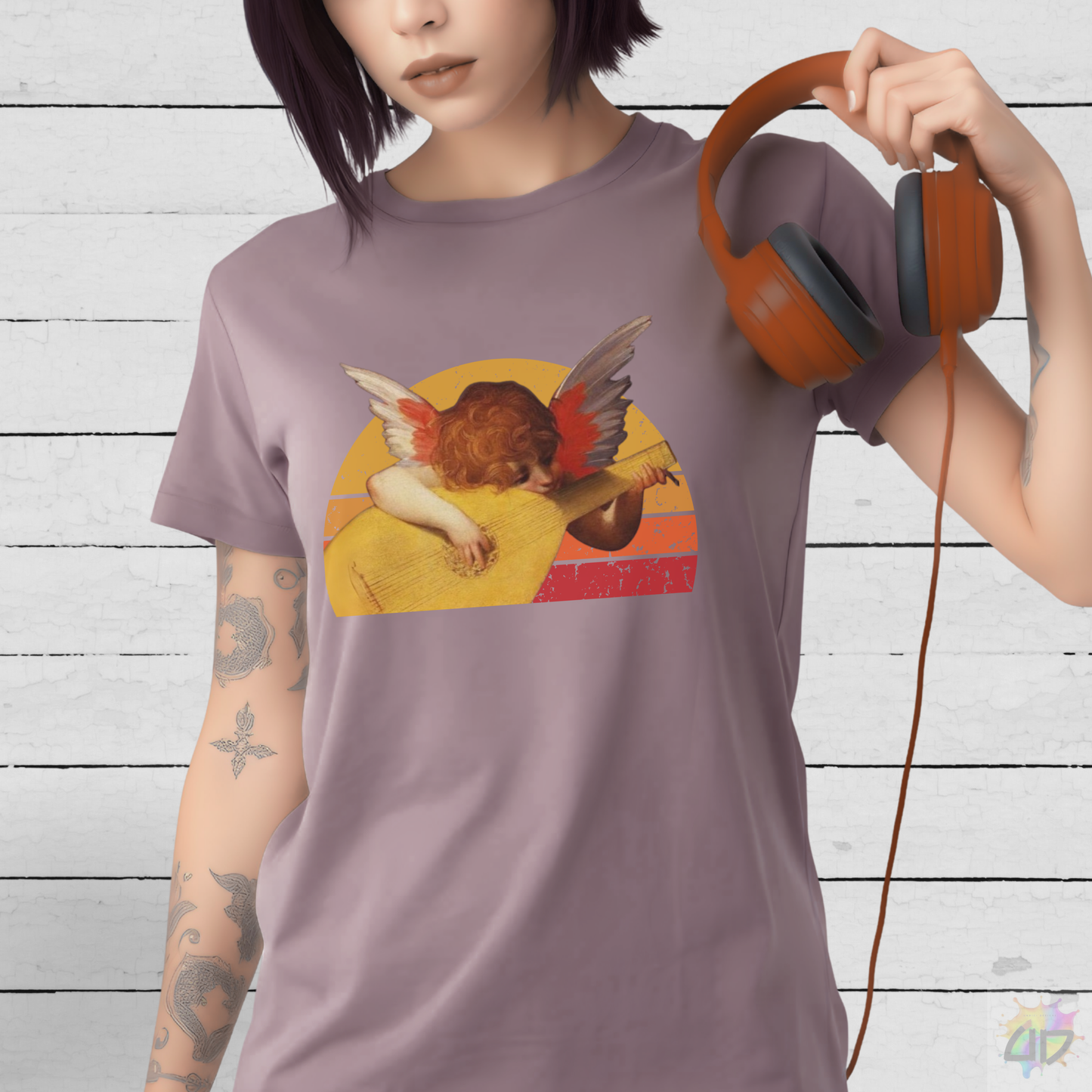 Cherub Playing Lyer in Circular Retro Sunset Graphic Tee.