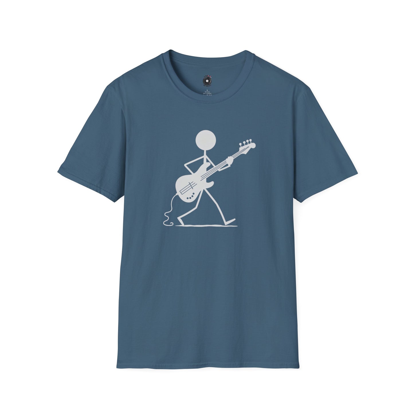 stick figure walking and playing bass