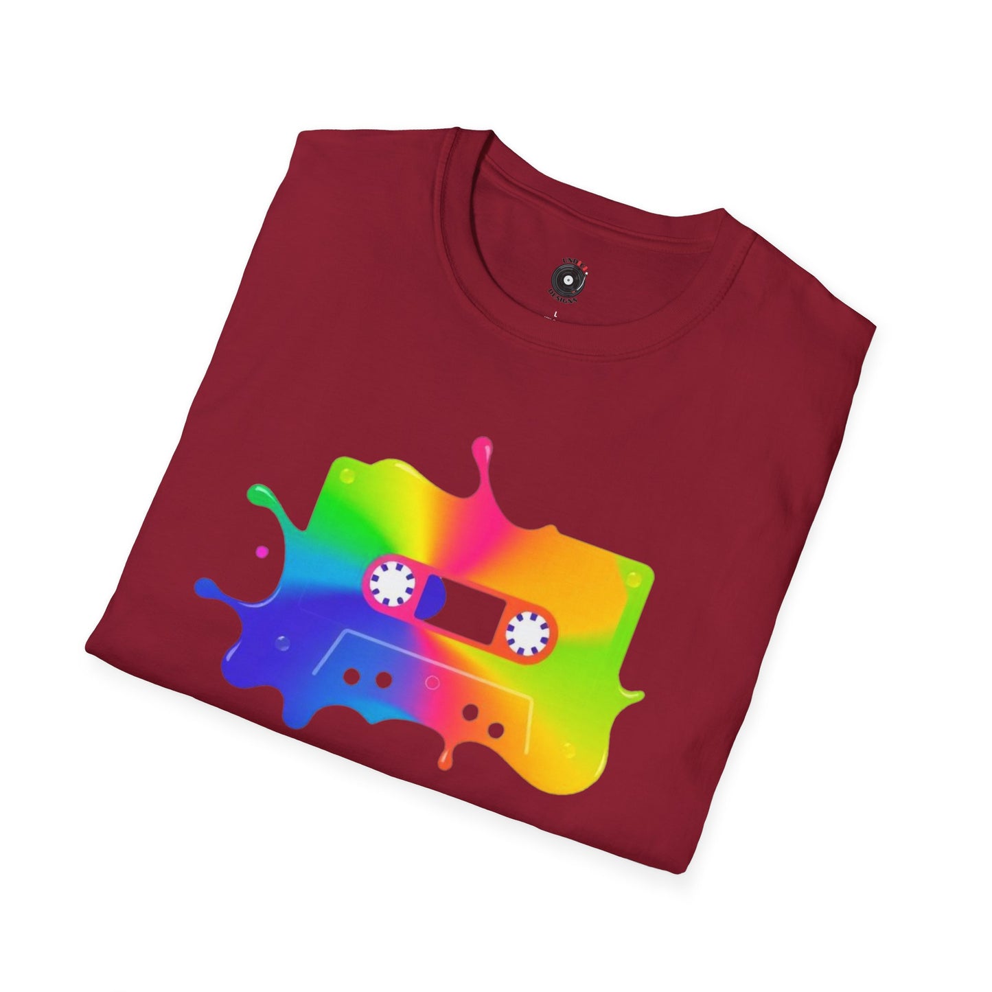 Colorful cassette tape in a splash of paint