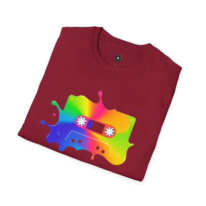 Colorful cassette tape in a splash of paint