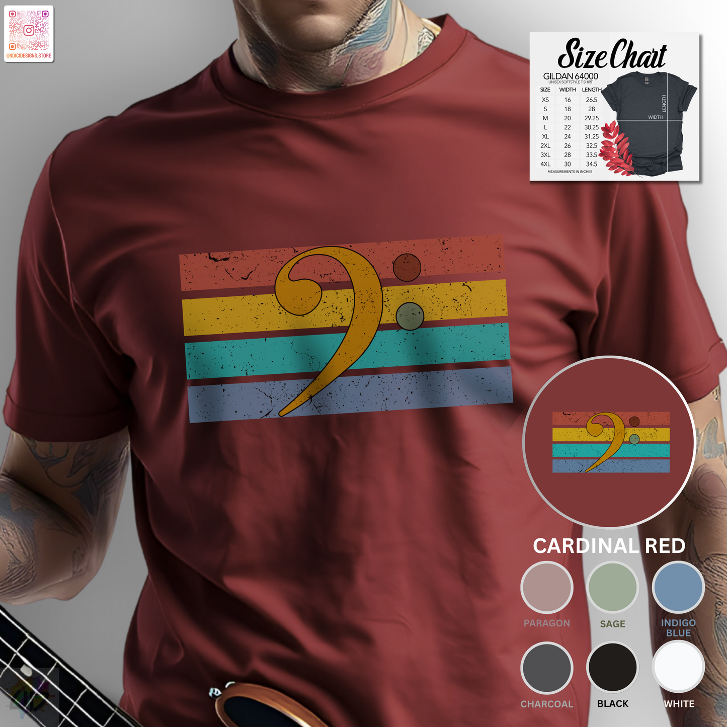 Multi-colored Bass clef on a retro-sunset graphic tee.