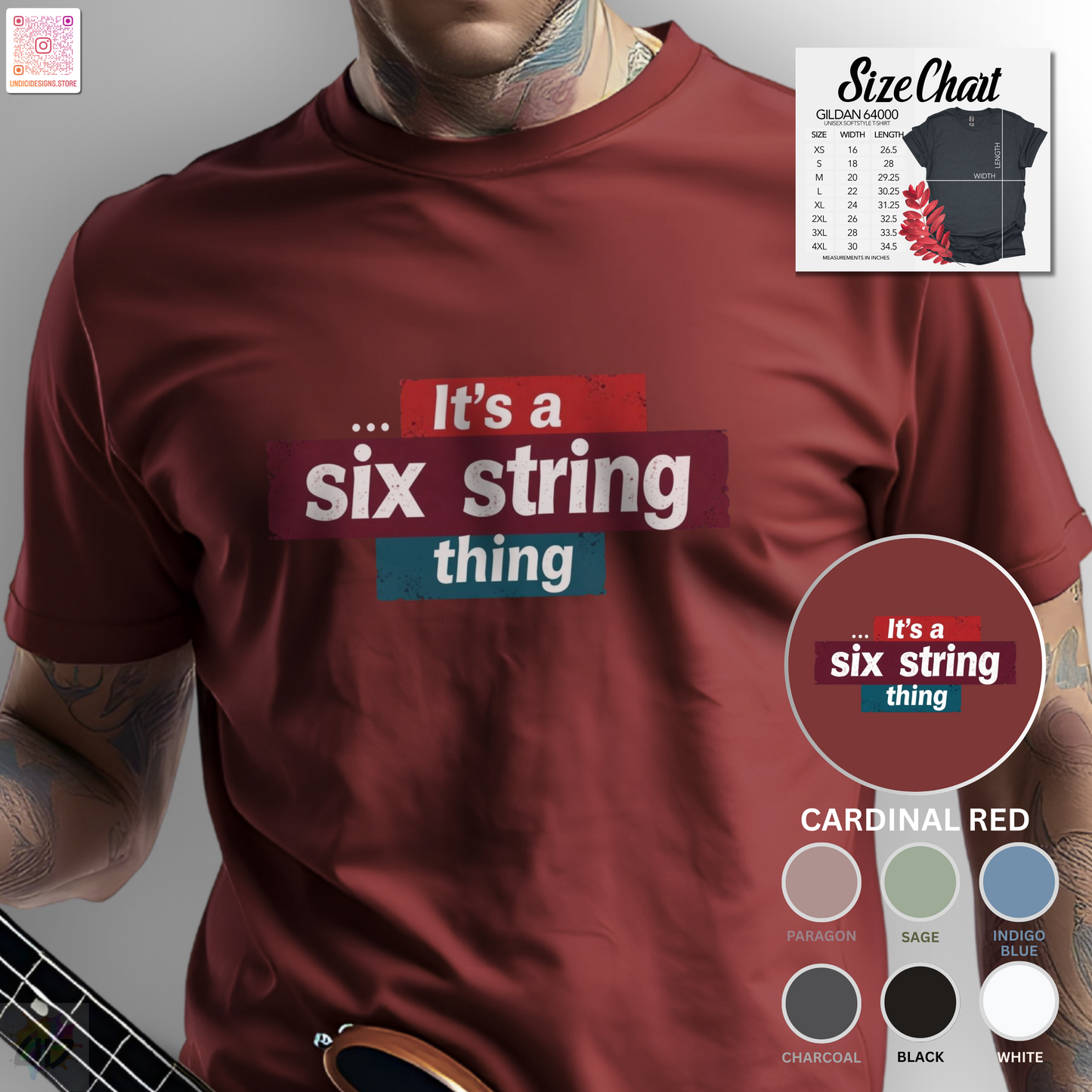 "It's a six-string thing" in highlighted text graphic tee.
