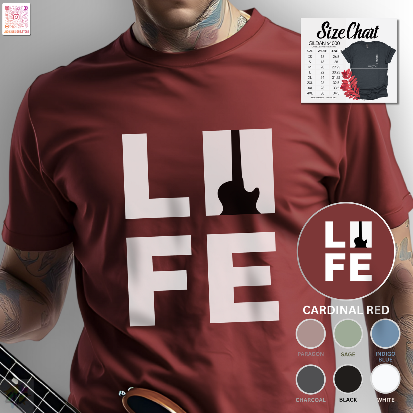 "LIFE" in a black and white box graphic tee with guitar.
